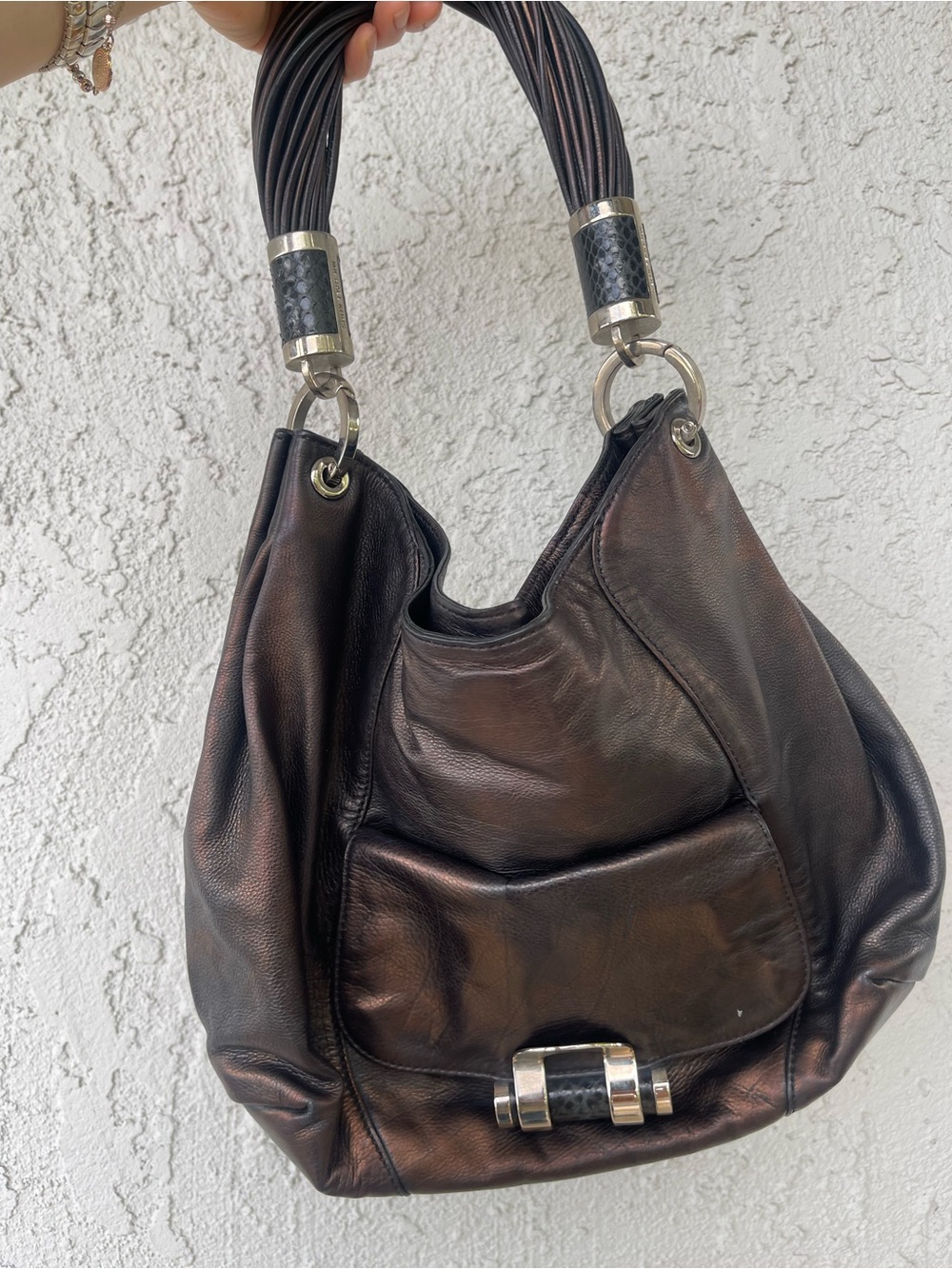 Michael Kors Dark Brown Leather Hobo with Silver-Tone Hardware